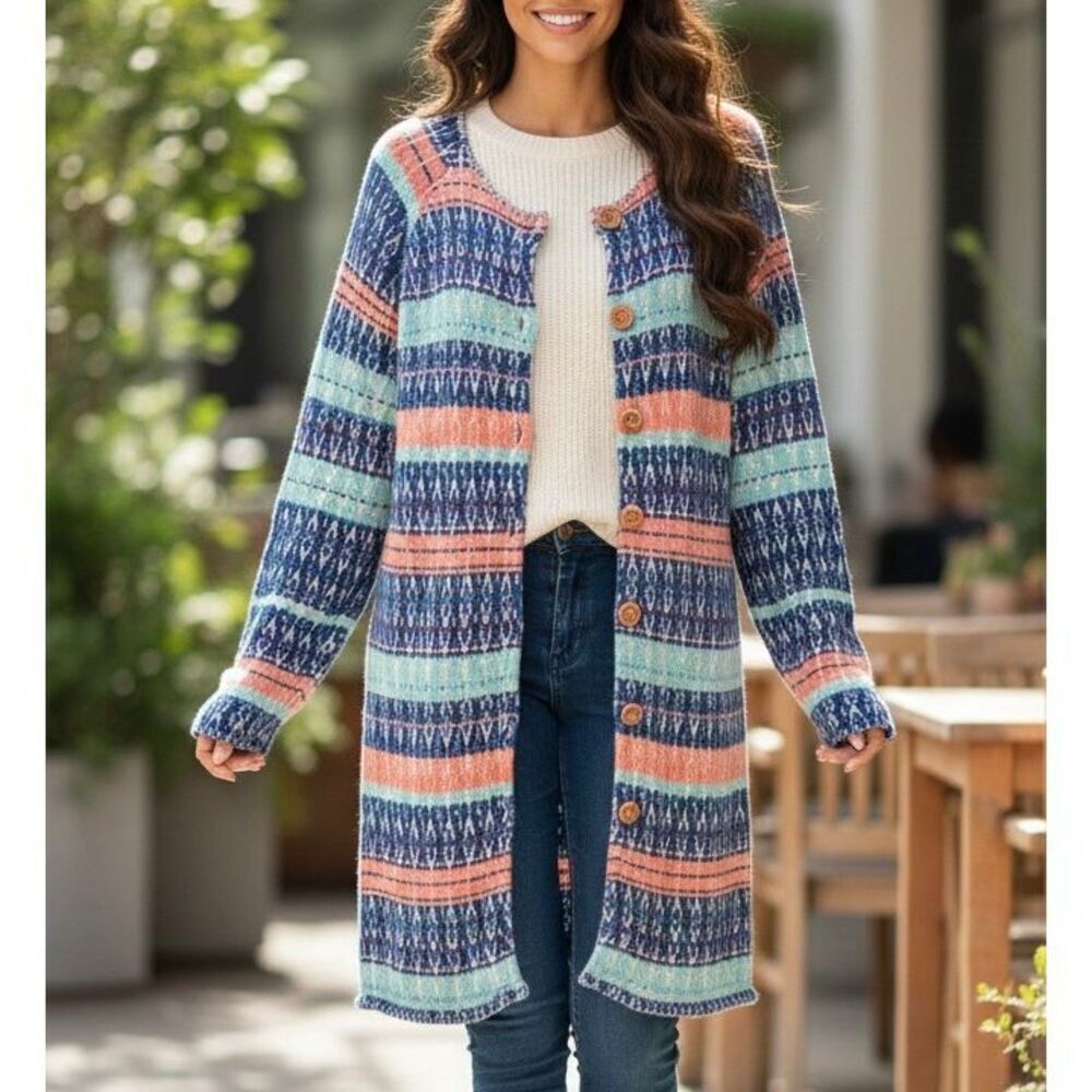 Sundance Cardigan Longline Button Front Merino Wool Cotton Striped Multicolor si
